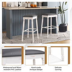 Set of 2 Backless Bar Stools with Antique White Turned Legs, 29 Inch Seat Height, Padded Top