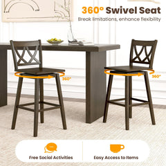 Set of 2 Swivel Bar Stools with Open Back and Rubber Wood Frame, 29 Inch Seat Height