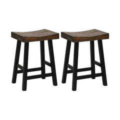 Set of 2 Acacia Wood Saddle Counter Stools with Black Metal Legs, 24 Inch Seat Height