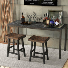 Set of 2 Acacia Wood Saddle Counter Stools with Black Metal Legs, 24 Inch Seat Height