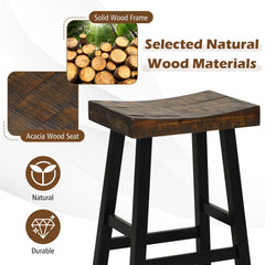 Set of 2 Acacia Wood Saddle Counter Stools with Black Metal Legs, 24 Inch Seat Height