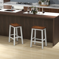 Set of 2 Acacia Saddle Counter Stools with Painted Legs, 24.5 Inch Seat Height, 350 lb