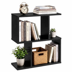 S Shape Geometric Bookshelf, 3 Tier Open Display Shelf, Black
