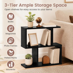 S Shape Geometric Bookshelf, 3 Tier Open Display Shelf, Black