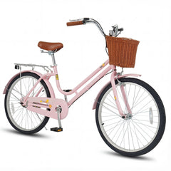 24 Inch Beach Cruiser Bike with Woven Basket and Rear Rack, Pink