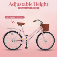 24 Inch Beach Cruiser Bike with Woven Basket and Rear Rack, Pink