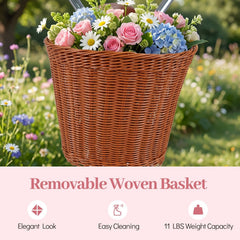 24 Inch Beach Cruiser Bike with Woven Basket and Rear Rack, Pink