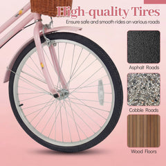 24 Inch Beach Cruiser Bike with Woven Basket and Rear Rack, Pink