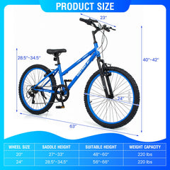 24 Inch Kids Mountain Bike with Shimano 7 Speed and Suspension Fork, Blue