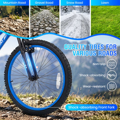 24 Inch Kids Mountain Bike with Shimano 7 Speed and Suspension Fork, Blue