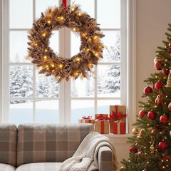 24 Inch Pre-lit Christmas Wreath with 105 Branch Tips and 35 Warm White LED Lights-1 piece