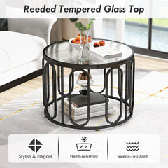 24 Inch Round Coffee Table with Reeded Tempered Glass Top and Swivel Brackets, Black