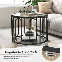 24 Inch Round Coffee Table with Reeded Tempered Glass Top and Swivel Brackets, Black