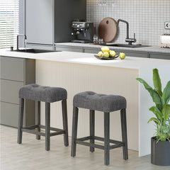 Set of 2 Saddle Bar Stools with Grey Linen Tufted Seat, 24 Inch Seat Height, 4.5 Inch Cushion