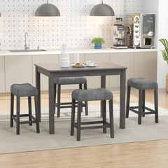 Set of 2 Saddle Bar Stools with Grey Linen Tufted Seat, 24 Inch Seat Height, 4.5 Inch Cushion
