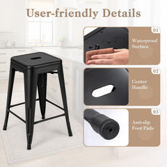 Set of 4 Stackable Metal Counter Stools in Black, 24 Inch Seat Height, Backless with Handle Slot