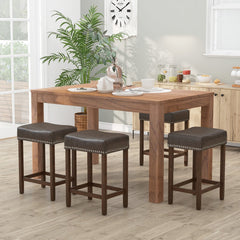 Set of 2 Backless Saddle Counter Stools in Grey Faux Leather with Rivet Trim, 24 Inch Seat Height