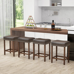 Set of 2 Backless Saddle Counter Stools in Grey Faux Leather with Rivet Trim, 24 Inch Seat Height