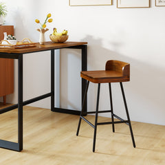 Industrial Rubber Wood Counter Stool with Low Back and Black Metal Legs, 24 Inch Seat Height