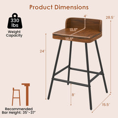 Industrial Rubber Wood Counter Stool with Low Back and Black Metal Legs, 24 Inch Seat Height