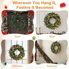 24” Pre-lit Christmas Wreath Set of 2 Front Door Artificial Xmas Wreath with 90 Frosted Branch Tips