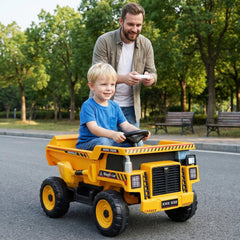 24V Kids Ride On Construction Dump Truck with Tilting Bed, Shovel and Holder, Parent Remote and Belt, 66 lb, Yellow