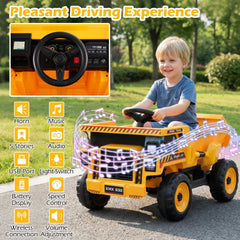 24V Kids Ride On Construction Dump Truck with Tilting Bed, Shovel and Holder, Parent Remote and Belt, 66 lb, Yellow