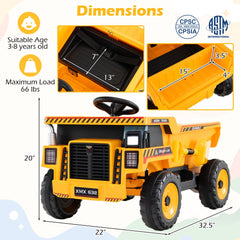 24V Kids Ride On Construction Dump Truck with Tilting Bed, Shovel and Holder, Parent Remote and Belt, 66 lb, Yellow