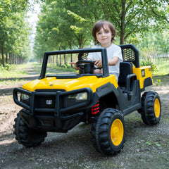 24V Licensed Caterpillar 2 Seater Kids Ride On Dump Truck with 110 lb Load, Four 100W Motors and Shovel, Yellow