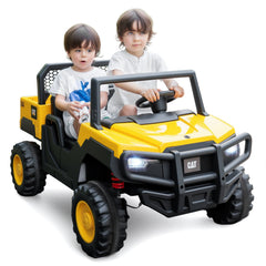 24V Licensed Caterpillar 2 Seater Kids Ride On Dump Truck with 110 lb Load, Four 100W Motors and Shovel, Yellow