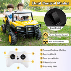 24V Licensed Caterpillar 2 Seater Kids Ride On Dump Truck with 110 lb Load, Four 100W Motors and Shovel, Yellow