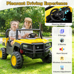 24V Licensed Caterpillar 2 Seater Kids Ride On Dump Truck with 110 lb Load, Four 100W Motors and Shovel, Yellow