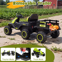 24V Kids Ride On Tractor with Removable Trailer, Dual 65W Motors and 66 lb Load Capacity, Green