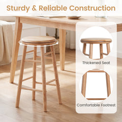 Set of 2 Swivel Counter Stools in Natural Rubber Wood with Crossbars, 24 Inch Seat Height