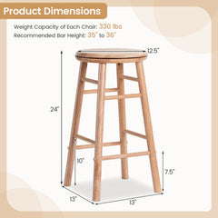 Set of 2 Swivel Counter Stools in Natural Rubber Wood with Crossbars, 24 Inch Seat Height