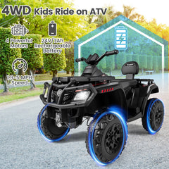 24V 2 Seater Kids Ride On ATV with Four Motors, 130 lb Capacity, Spring Suspension and Radio, Ages 3 to 8, Black