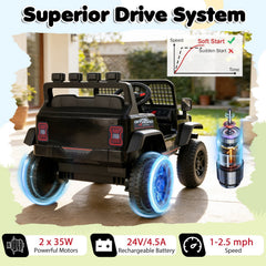24V Kids Ride On Truck with Parent Remote, 3 Speeds, Emergency Brake, Front Springs and 6 Songs, 66 lb, Black