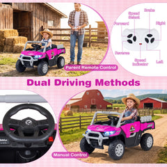 24V Kids Ride On Off Road Utility Truck with Parent Remote, Brake, Rear Shocks and Load Bed, 66 lb, Pink