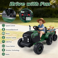 24V Kids Ride On Tractor with Detachable Trailer, Dual 50W Motors, 24V 9Ah Battery and 3 Speed Remote, Dark Green