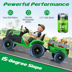 24V Kids Ride On Tractor with 2 in 1 Trailer Design, Six Anti Slip Wheels, Soft Start and Radio, Green