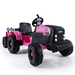 24V Kids Ride On Tractor with Detachable Trailer, 15 Degree Slope Claim and Dual Control Modes, Pink