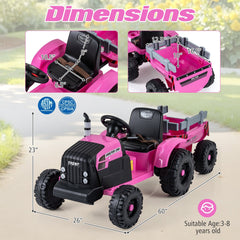 24V Kids Ride On Tractor with Detachable Trailer, 15 Degree Slope Claim and Dual Control Modes, Pink