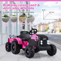 24V Kids Ride On Tractor with Detachable Trailer, 15 Degree Slope Claim and Dual Control Modes, Pink