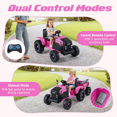 24V Kids Ride On Tractor with Detachable Trailer, 15 Degree Slope Claim and Dual Control Modes, Pink