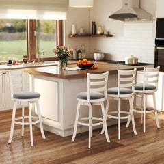 Set of 2 White Ladder Back Swivel Bar Stools with Round Grey Seat, 30.5 Inch Seat Height