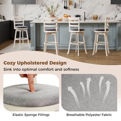 Set of 2 White Ladder Back Swivel Bar Stools with Round Grey Seat, 30.5 Inch Seat Height