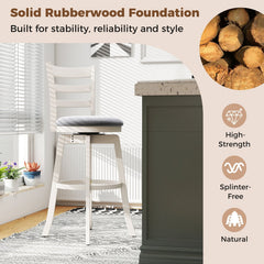 Set of 2 White Ladder Back Swivel Bar Stools with Round Grey Seat, 30.5 Inch Seat Height