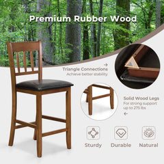 Set of 2 Counter Height Chairs, 25.5 Inch Seat, Walnut Rubber Wood with Black Faux Leather Seat and 8 Inch Footrest