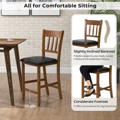 Set of 2 Counter Height Chairs, 25.5 Inch Seat, Walnut Rubber Wood with Black Faux Leather Seat and 8 Inch Footrest