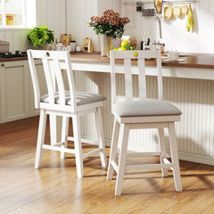Set of 2 White Swivel Counter Stools with Slat Back and Grey Padded Seat, 25 Inch Seat Height